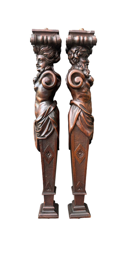 RARE French Antique Pair of Carved Walnut Pilasters, Caryatid and Atlante, Late 19th Century