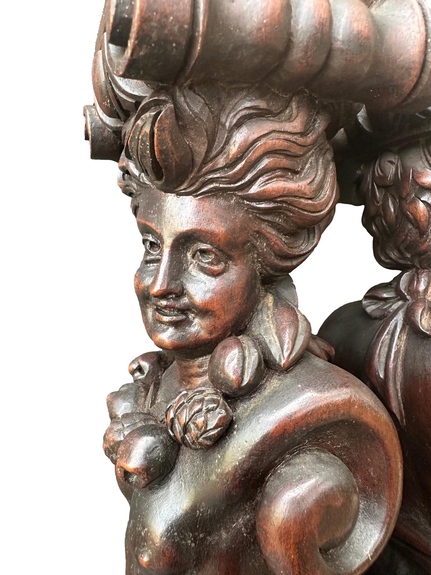 RARE French Antique Pair of Carved Walnut Pilasters, Caryatid and Atlante, Late 19th Century