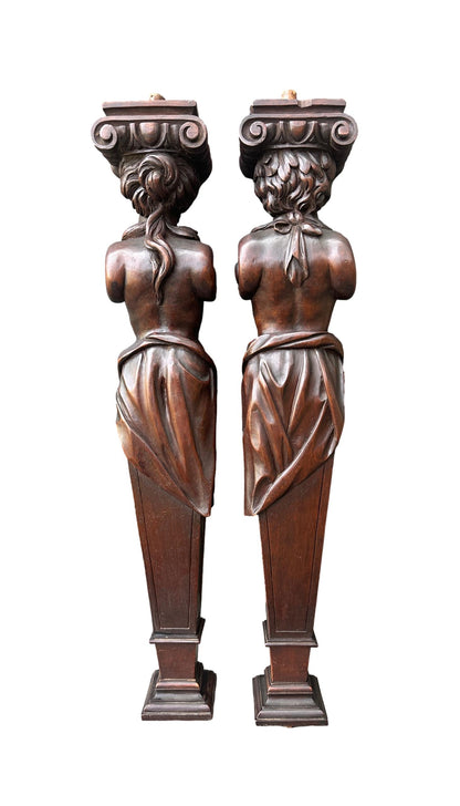 RARE French Antique Pair of Carved Walnut Pilasters, Caryatid and Atlante, Late 19th Century