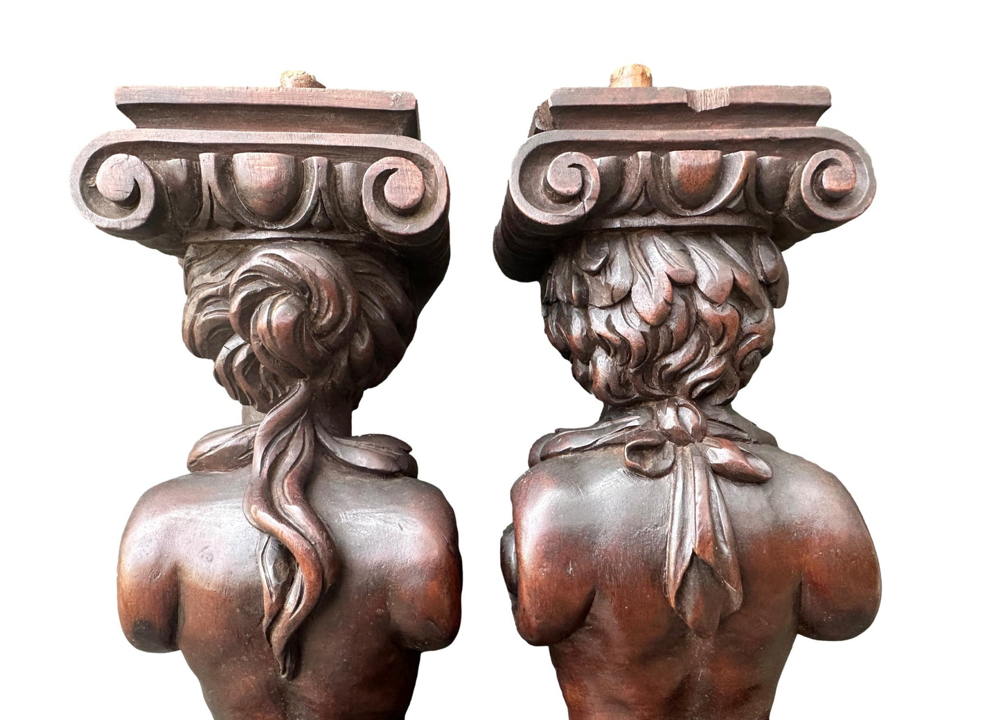 RARE French Antique Pair of Carved Walnut Pilasters, Caryatid and Atlante, Late 19th Century