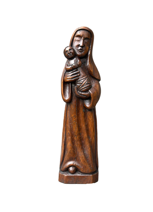  Antique hand-carved oak wood Madonna and Child statue from the 1920s – Vintage Christian sacred art sculpture for religious home decor