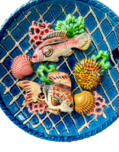 Vintage Palissy Majolica Trompe l'oeil Wall Plate Fish