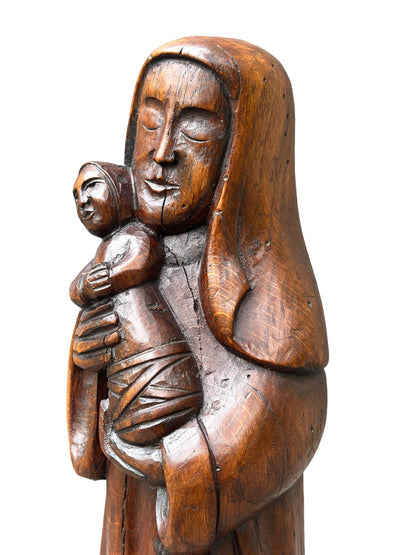 Vintage Oak Madonna and Child Statue – 1920s Sacred Art