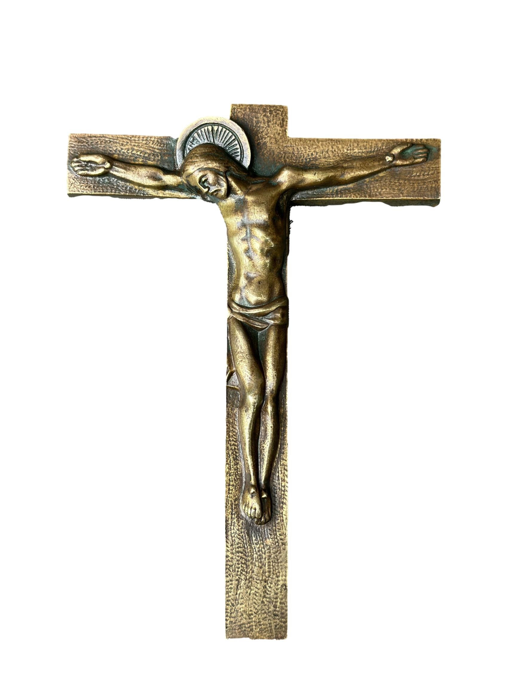  French Antique Art Deco bronze wall cross by Hartmann – Vintage crucifix for Christian home decor and sacred art collections