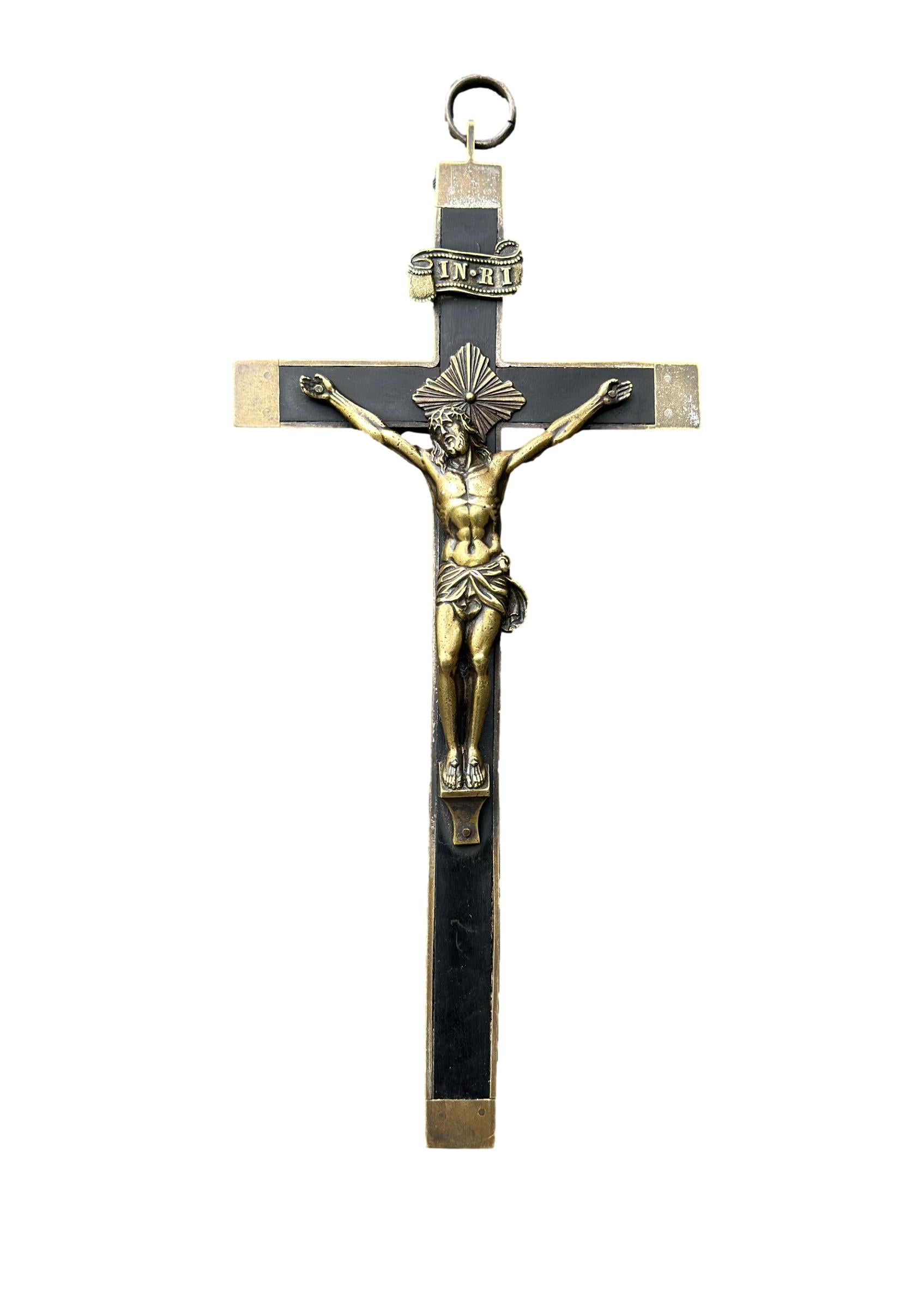  French antique crucifix cross – Large bronze and ebony wood sculpture, perfect for Christian religious home decor and Catholic gifts