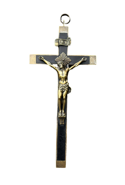  French antique crucifix cross – Large bronze and ebony wood sculpture, perfect for Christian religious home decor and Catholic gifts