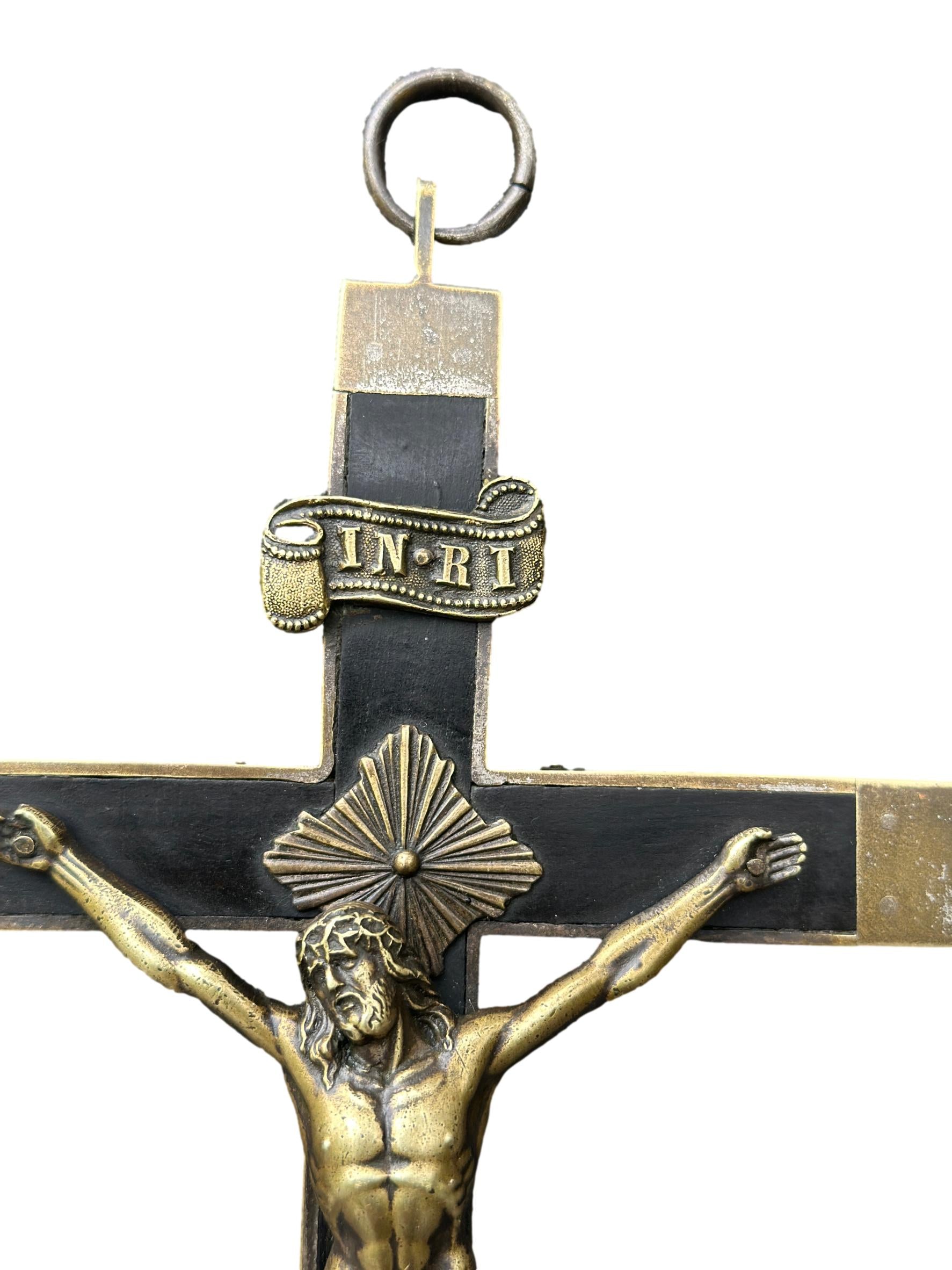  French antique crucifix cross – Large bronze and ebony wood sculpture, perfect for Christian religious home decor and Catholic gifts