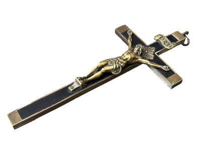 French Antique Crucifix Cross – Large Bronze & Ebony Wood Sculpture Christian Religious Decor