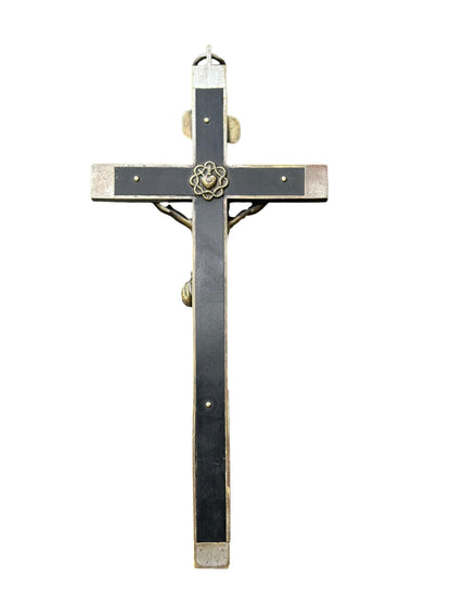 French Antique Crucifix Cross – Large Bronze & Ebony Wood Sculpture Christian Religious Decor