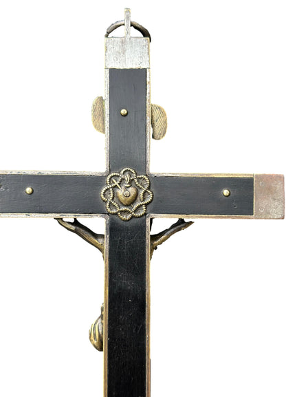 French Antique Crucifix Cross – Large Bronze & Ebony Wood Sculpture Christian Religious Decor