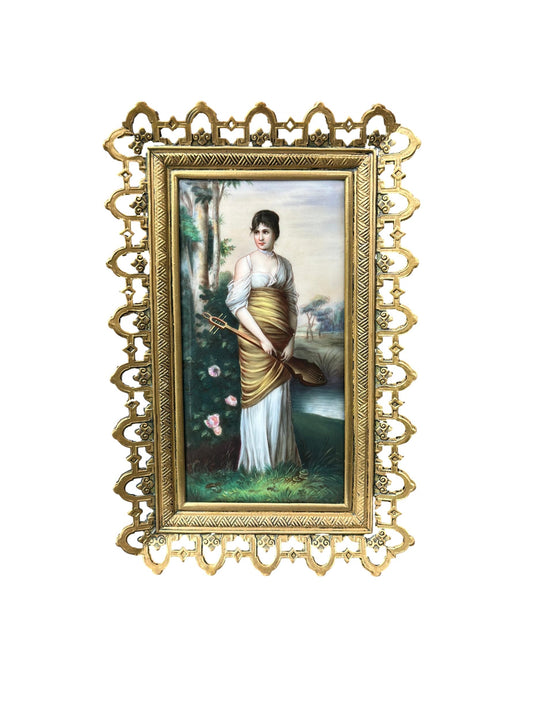  Antique 1900 porcelain plaque painting of young woman musician – Gothic-style bronze frame, fine art decor and gift for her