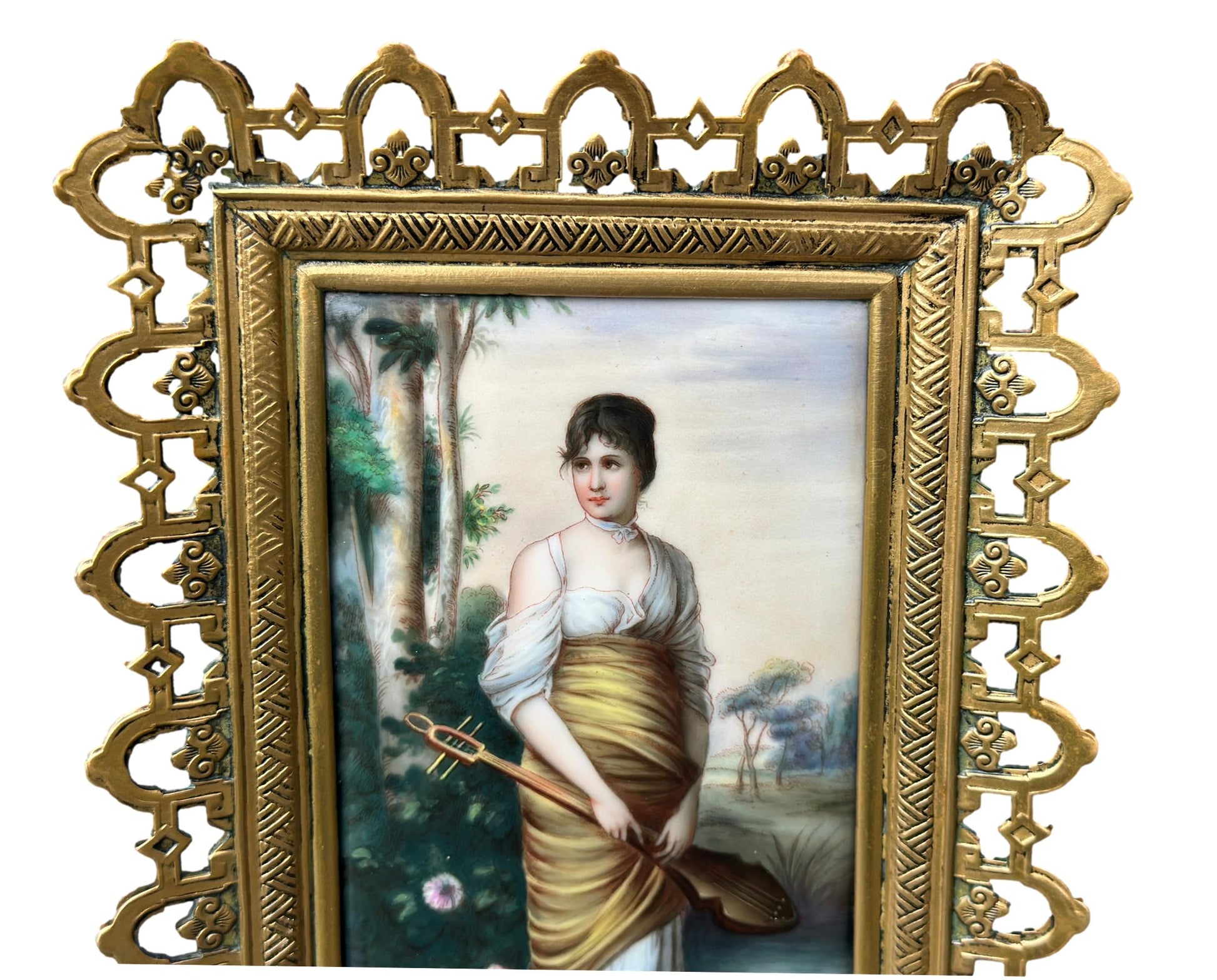  Antique 1900 porcelain plaque painting of young woman musician – Gothic-style bronze frame, fine art decor and gift for her