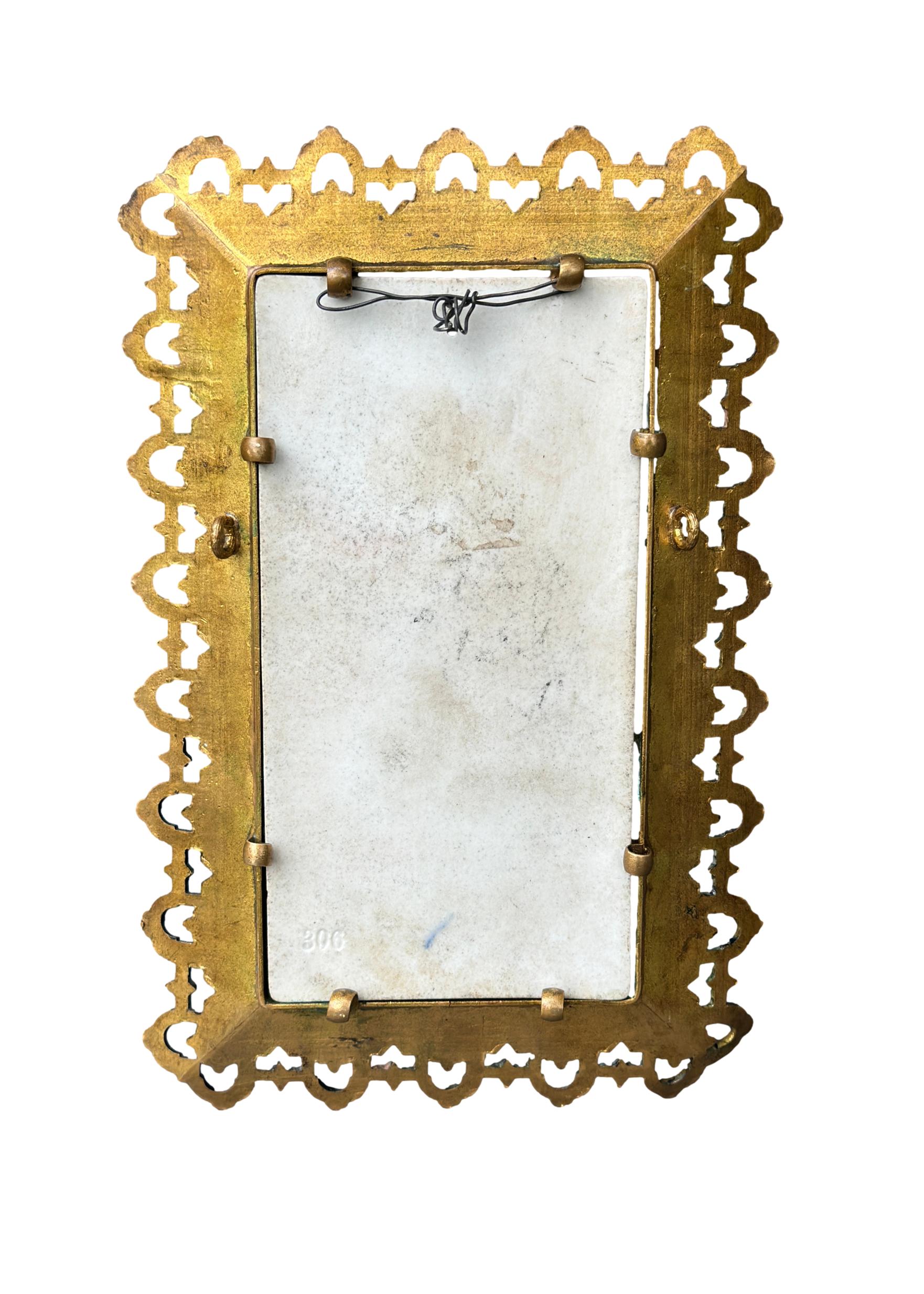  Antique 1900 porcelain plaque painting of young woman musician – Gothic-style bronze frame, fine art decor and gift for her