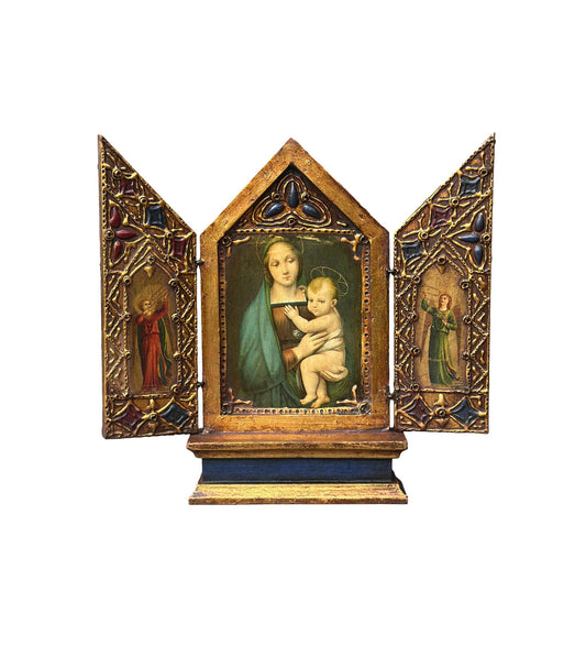  Antique 1930s Italian religious triptych – Virgin and Child in gilded wood, Florentine sacred art for Christian home decor