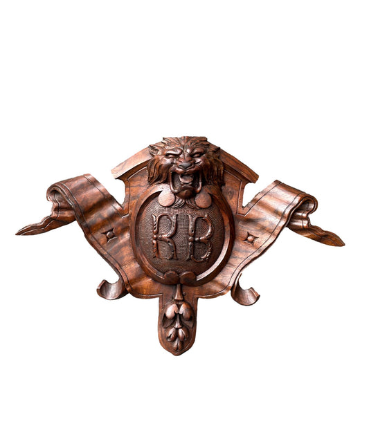  Antique French hand-carved rosewood lion head blason crest – vintage wall art sculpture, historic carved French decor