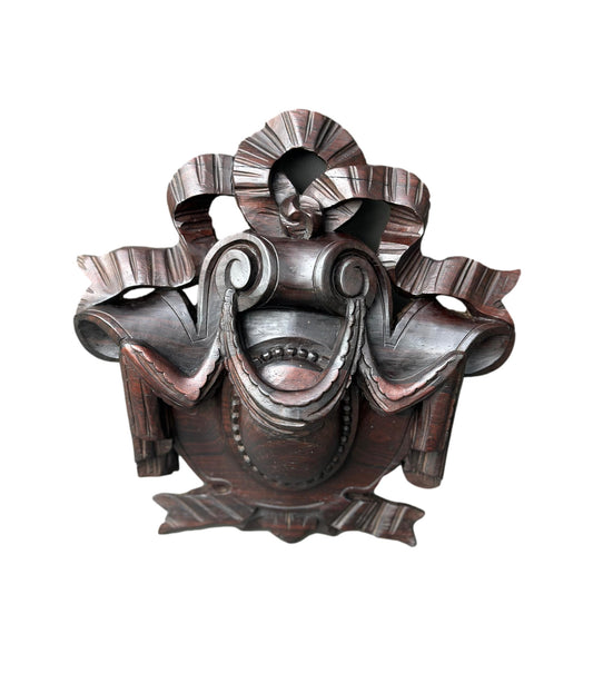  Antique hand-carved Louis XVI style crest – 19th-century rosewood wall plaque, historic French art sculpture for vintage decor