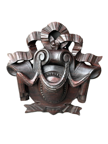  Antique hand-carved Louis XVI style crest – 19th-century rosewood wall plaque, historic French art sculpture for vintage decor