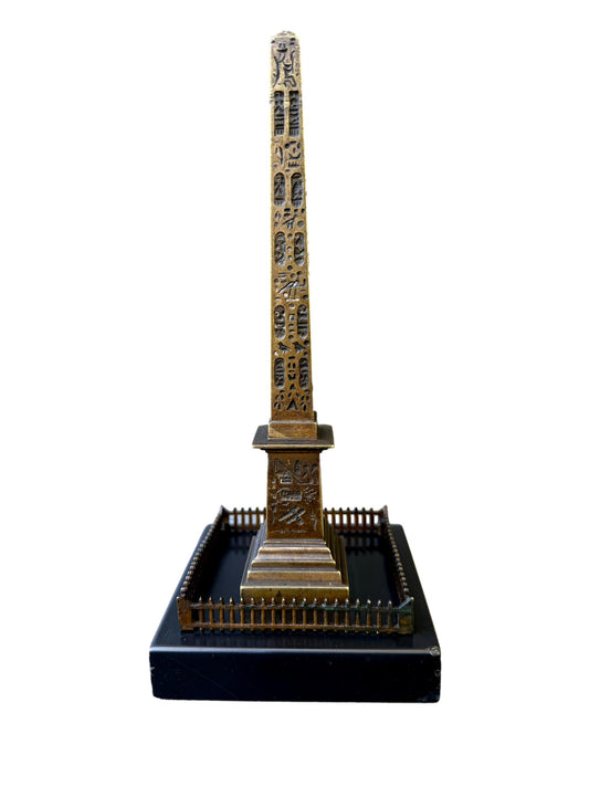 Antique 19th century bronze Luxor Obelisk sculpture on black marble base, Grand Tour souvenir of Paris, Egyptian Revival home decor