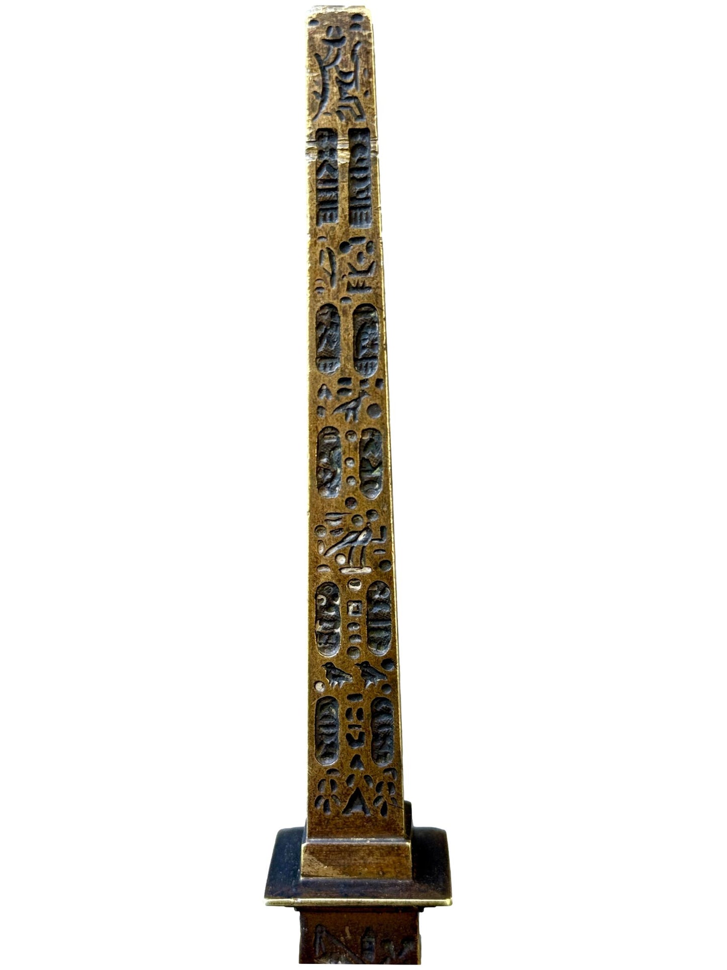 Antique 19th century bronze Luxor Obelisk sculpture on black marble base, Grand Tour souvenir of Paris, Egyptian Revival home decor