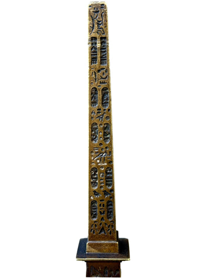 Antique 19th century bronze Luxor Obelisk sculpture on black marble base, Grand Tour souvenir of Paris, Egyptian Revival home decor
