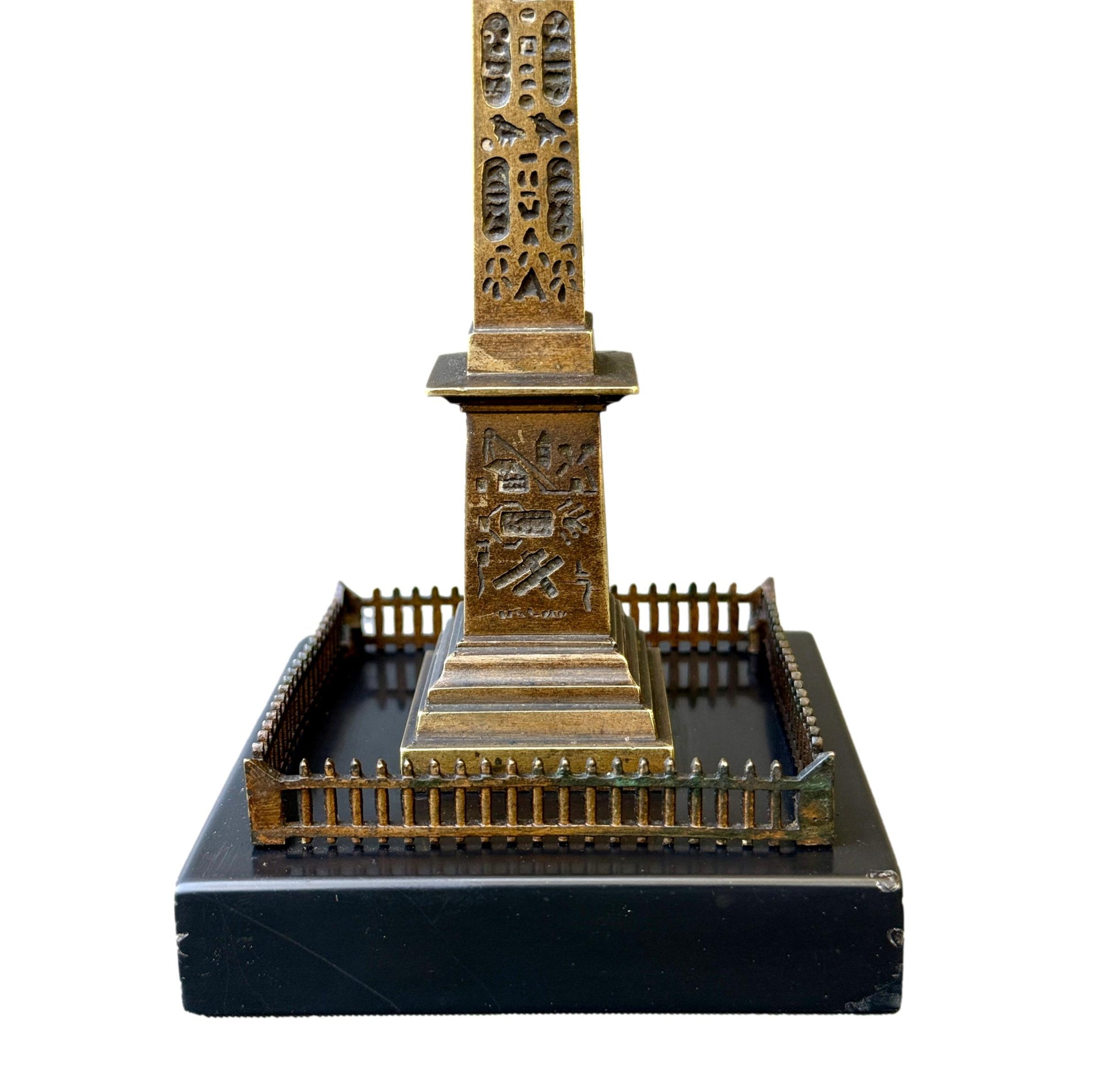 Antique 19th century bronze Luxor Obelisk sculpture on black marble base, Grand Tour souvenir of Paris, Egyptian Revival home decor
