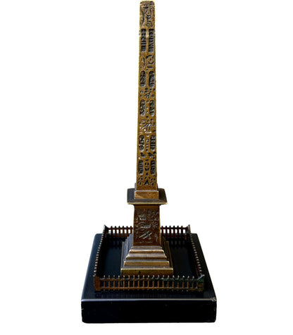Antique 19th century bronze Luxor Obelisk sculpture on black marble base, Grand Tour souvenir of Paris, Egyptian Revival home decor