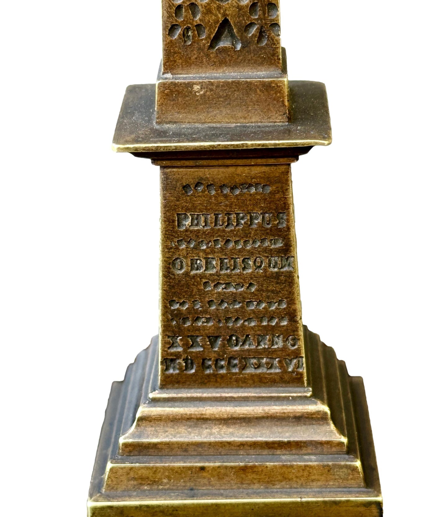 Antique 19th century bronze Luxor Obelisk sculpture on black marble base, Grand Tour souvenir of Paris, Egyptian Revival home decor
