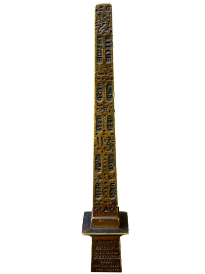 Antique 19th century bronze Luxor Obelisk sculpture on black marble base, Grand Tour souvenir of Paris, Egyptian Revival home decor