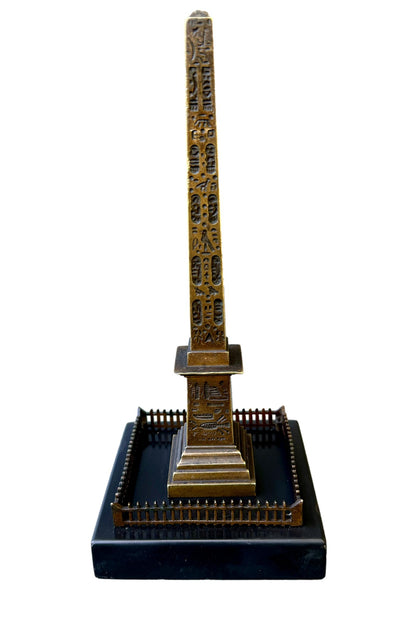 Antique 19th century bronze Luxor Obelisk sculpture on black marble base, Grand Tour souvenir of Paris, Egyptian Revival home decor
