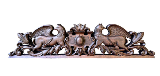 19th Century Carved Oak Pediment with Griffins – French Gothic Antique