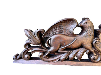 19th Century Carved Oak Pediment with Griffins – French Gothic Antique