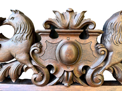 19th Century Carved Oak Pediment with Griffins – French Gothic Antique