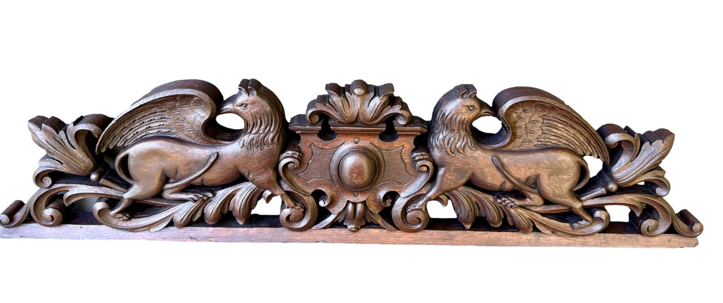 19th Century Carved Oak Pediment with Griffins – French Gothic Antique