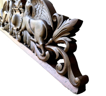 19th Century Carved Oak Pediment with Griffins – French Gothic Antique
