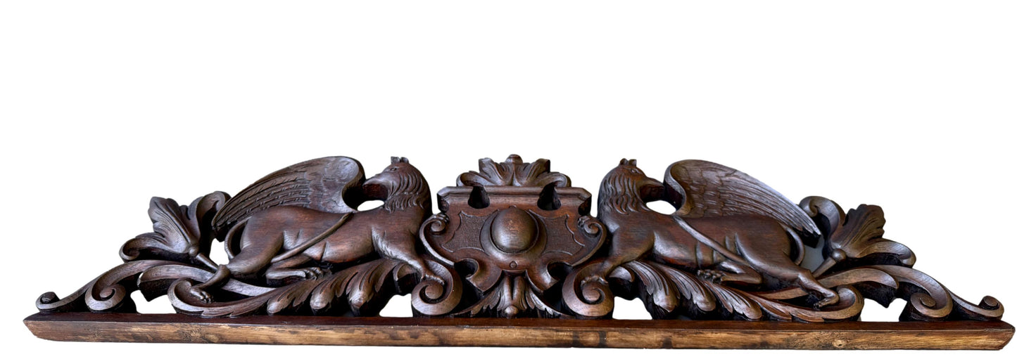 19th Century Carved Oak Pediment with Griffins – French Gothic Antique