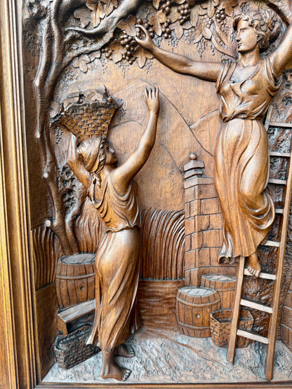 19th Century Carved Walnut Door Panel – French Grape Harvest Scene