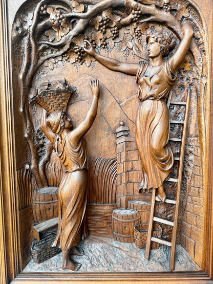 19th Century Carved Walnut Door Panel – French Grape Harvest Scene