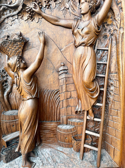 19th Century Carved Walnut Door Panel – French Grape Harvest Scene