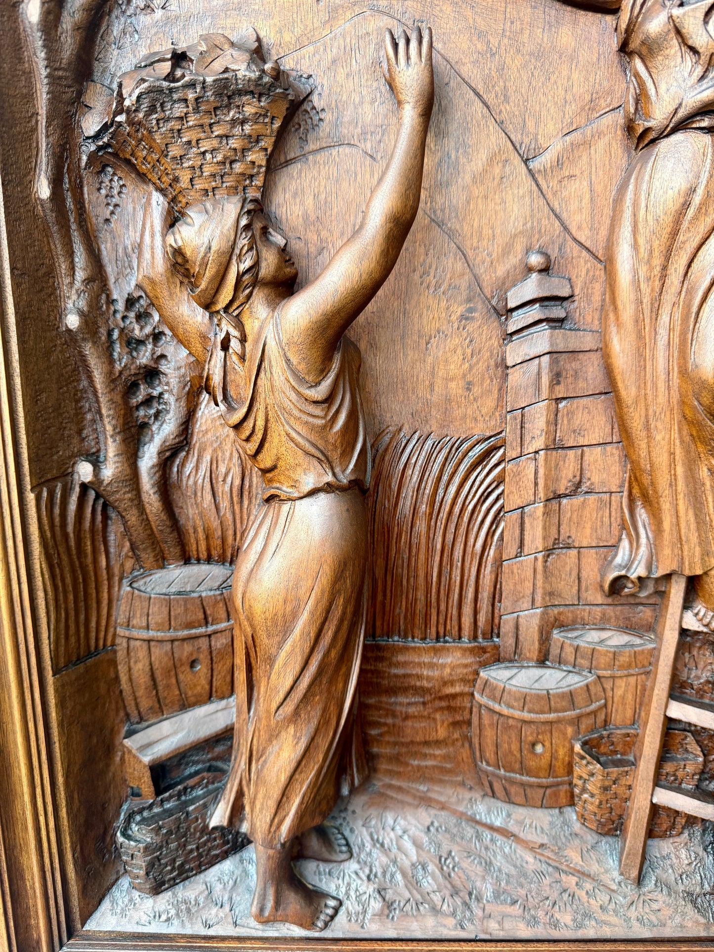 19th Century Carved Walnut Door Panel – French Grape Harvest Scene