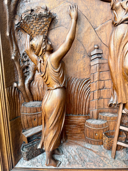 19th Century Carved Walnut Door Panel – French Grape Harvest Scene