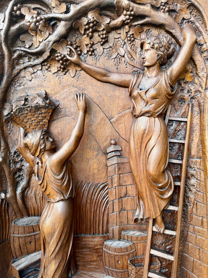 19th Century Carved Walnut Door Panel – French Grape Harvest Scene
