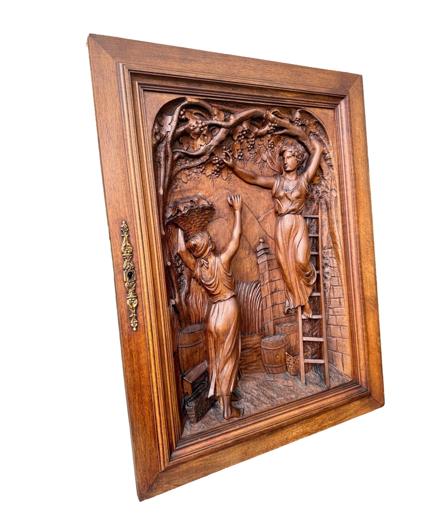 19th Century Carved Walnut Door Panel – French Grape Harvest Scene