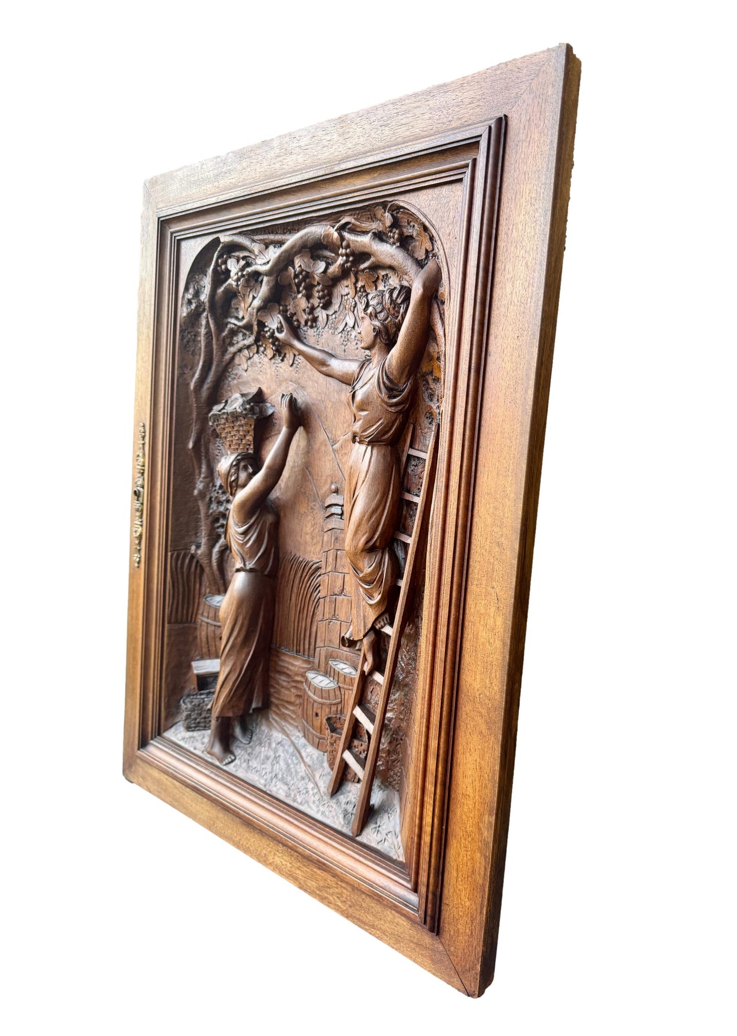 19th Century Carved Walnut Door Panel – French Grape Harvest Scene