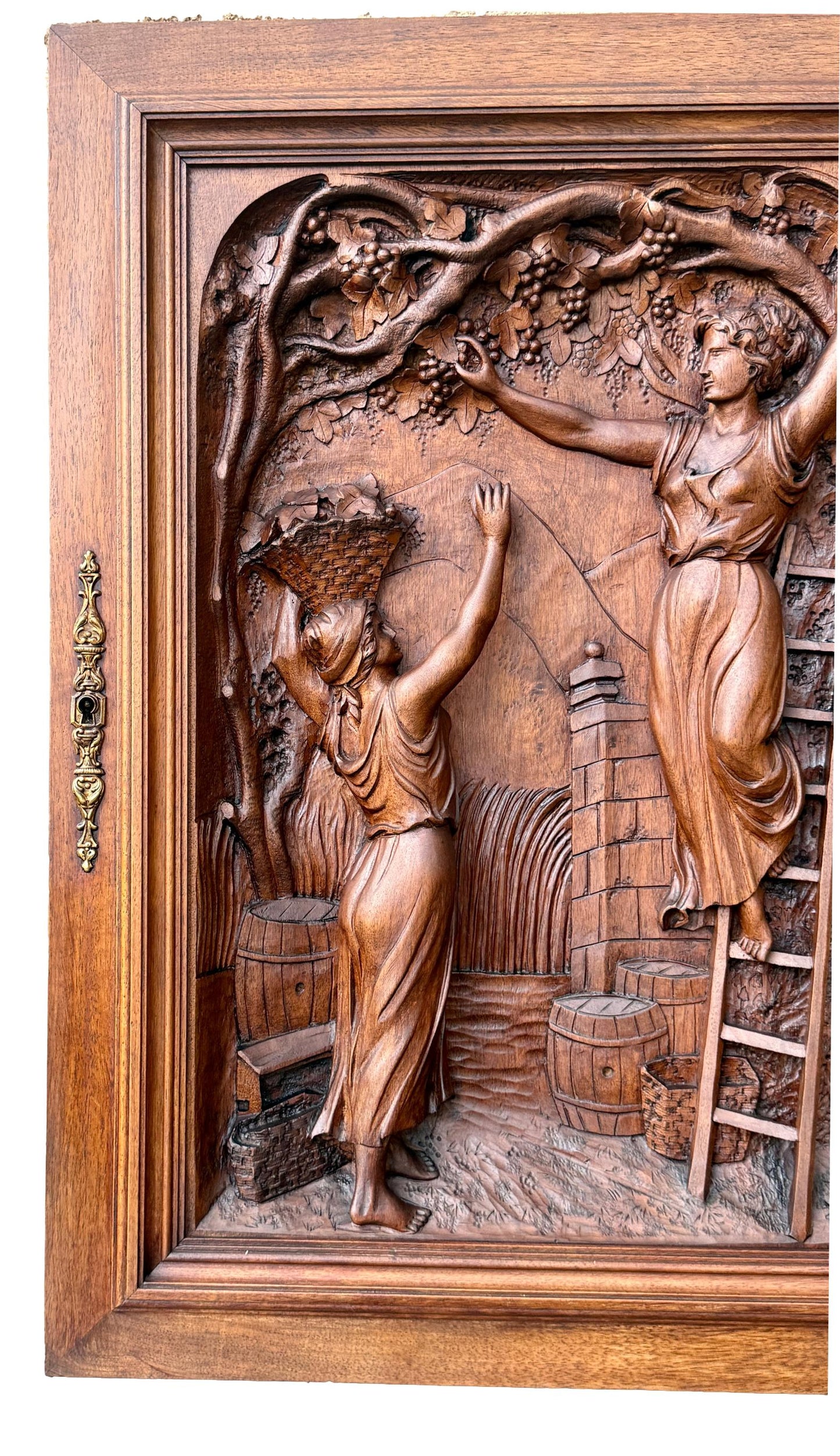 19th Century Carved Walnut Door Panel – French Grape Harvest Scene