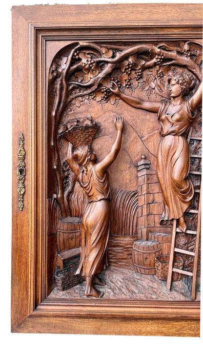 19th Century Carved Walnut Door Panel – French Grape Harvest Scene