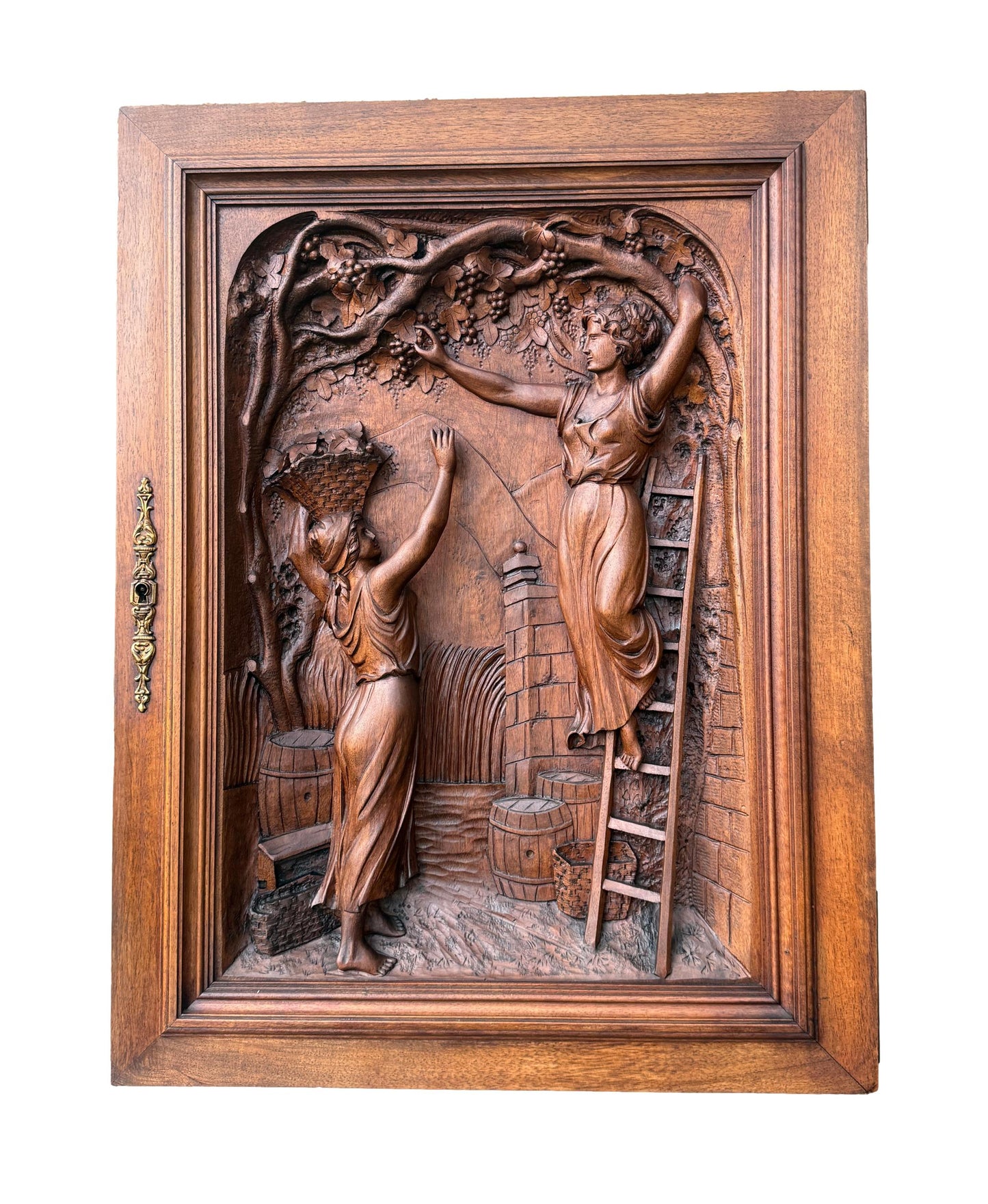 19th Century Carved Walnut Door Panel – French Grape Harvest Scene