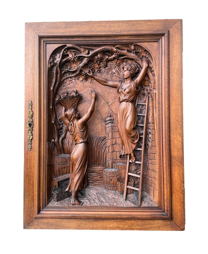 19th Century Carved Walnut Door Panel – French Grape Harvest Scene