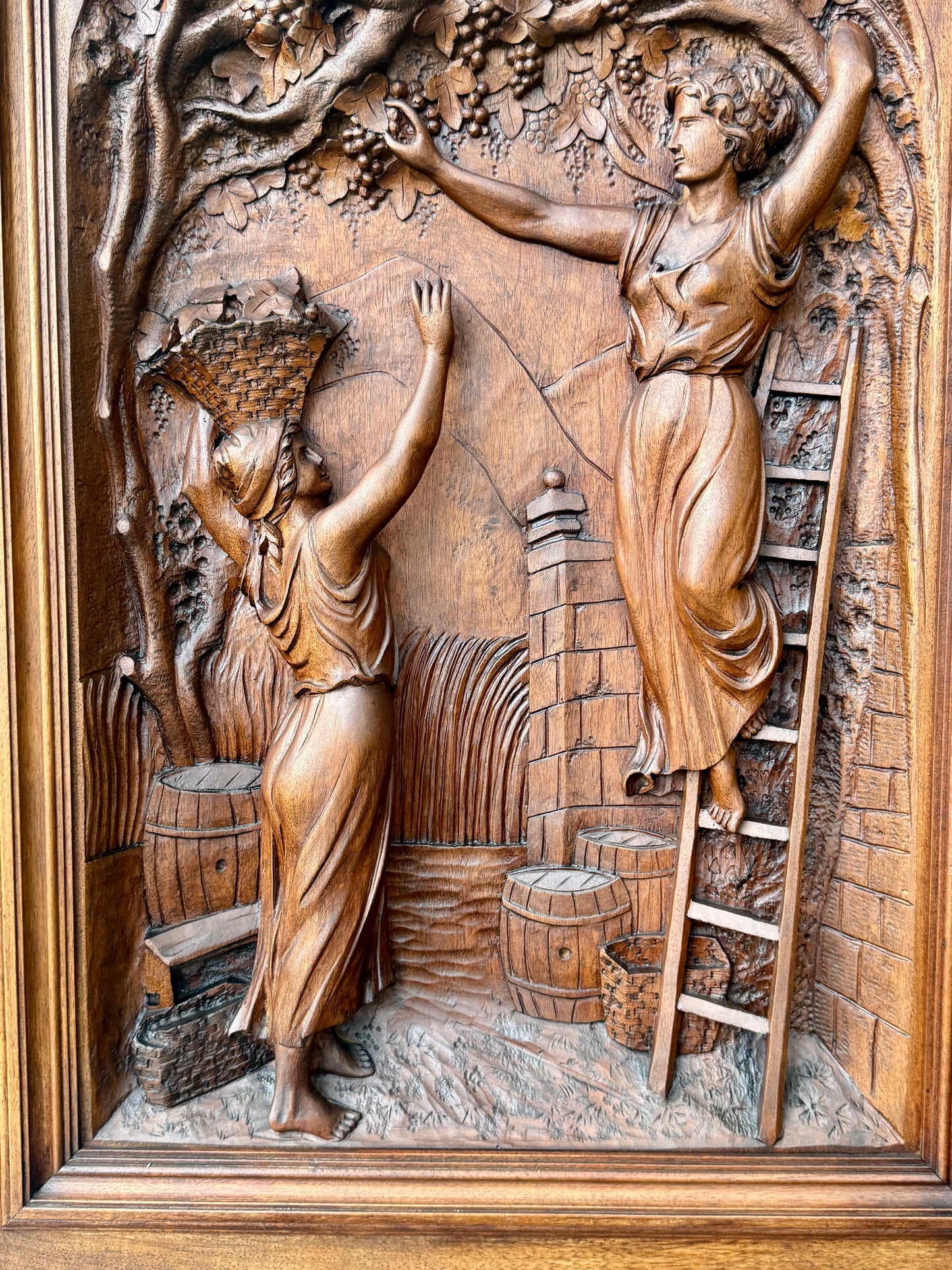 19th Century Carved Walnut Door Panel – French Grape Harvest Scene