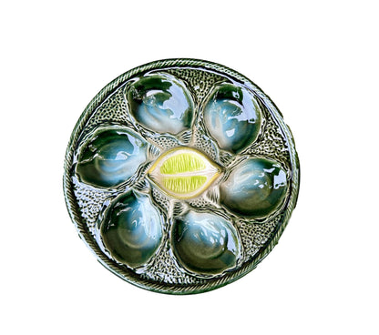 Vintage French Majolica oyster plate by Saint Clément, circa 1930, with six green-blue shell wells and a central lemon design, glazed ceramic faience, Art Deco coastal decor.