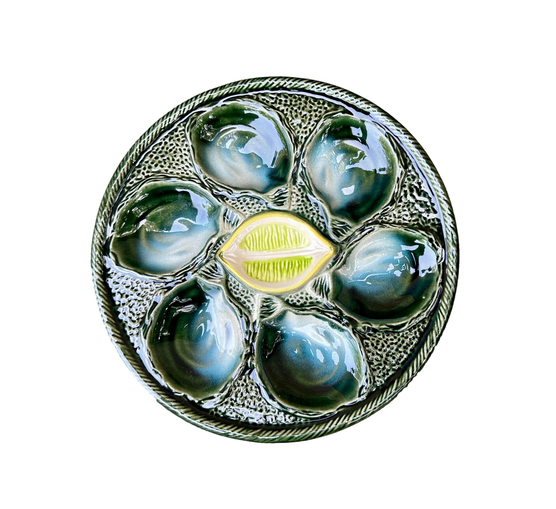 Vintage French Majolica oyster plate by Saint Clément, circa 1930, with six green-blue shell wells and a central lemon design, glazed ceramic faience, Art Deco coastal decor.
